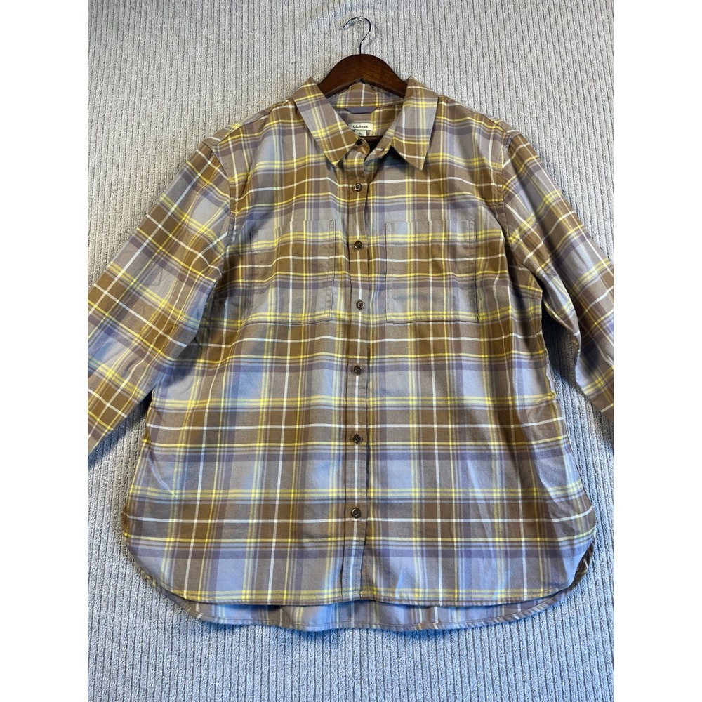 LL Bean Flannel Button Down Shirt Womens L Minimal Gray Plaid Whipwright